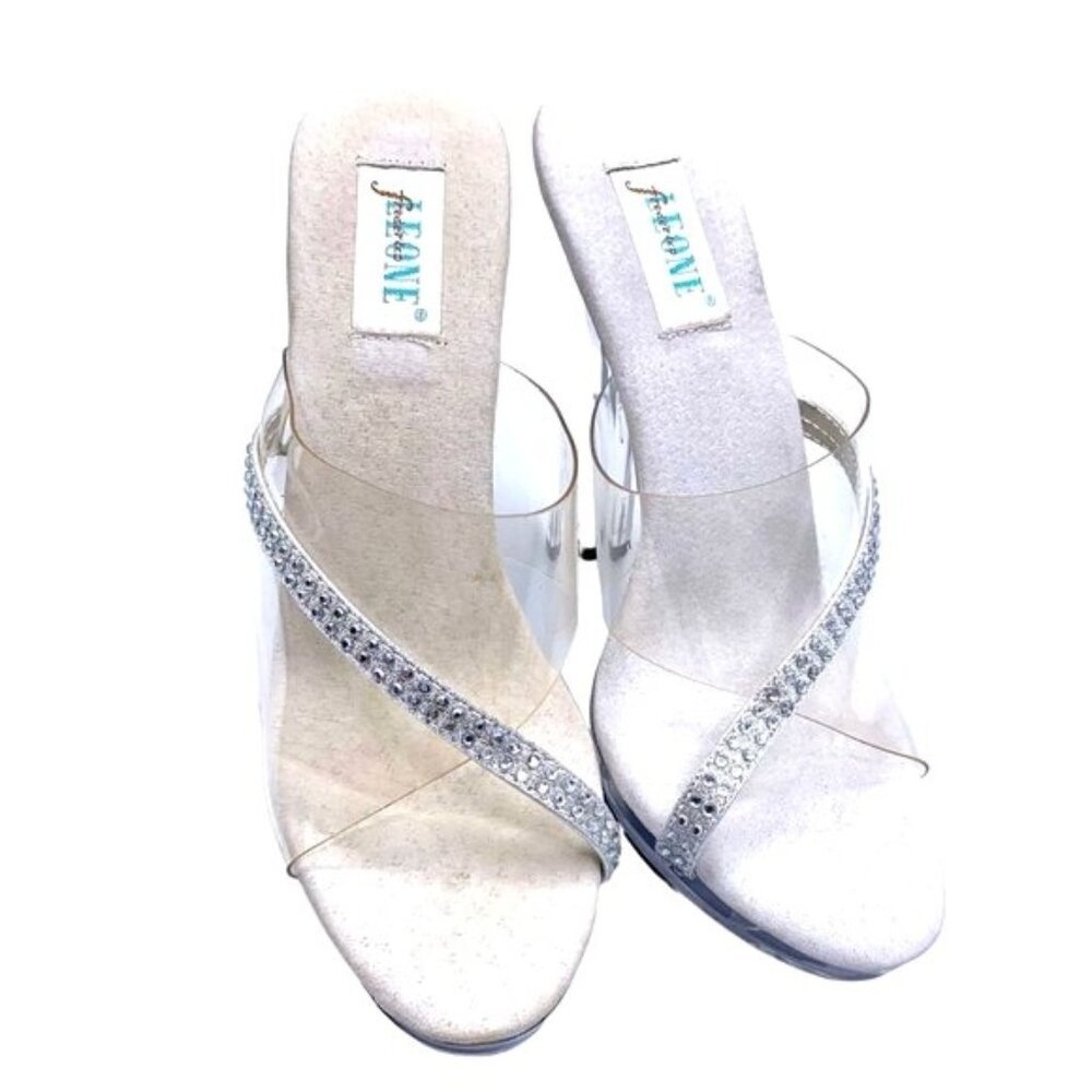 Leone Ava Lucite Platform Rhinestone Strap High Heel Sandals 6 Slip-On Pageant